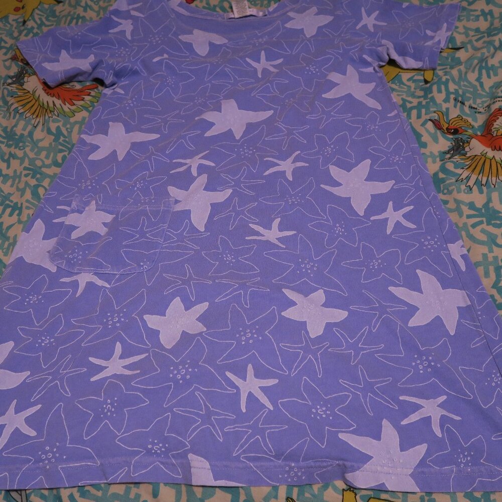 Fresh Produce Periwinkle Blue Starfish T-Shirt Pocket Dress Cotton Size Small